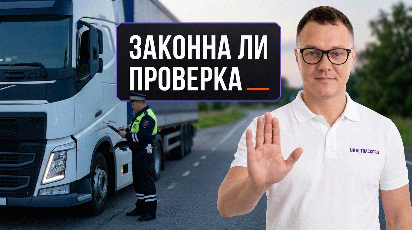 Инспектор ГИБДД проверяет показания тахографа и карту водителя в кабине грузовика