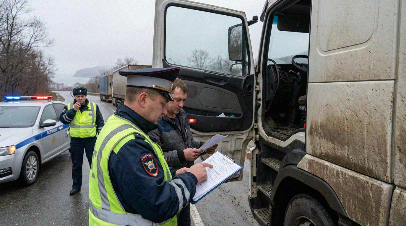 Сотрудники ГИБДД проводят проверку автомобилей на дорогах Приморского края