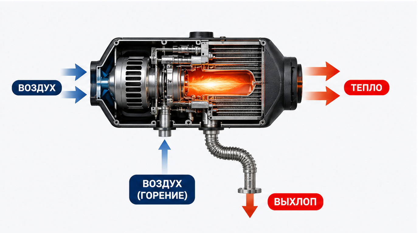 Схема двух воздушных контуров автономного отопителя и выхлопа