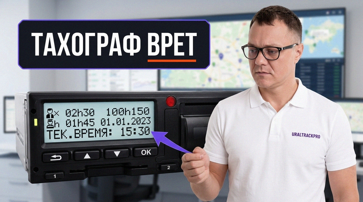 Экран тахографа с ошибкой отображения скорости и времени во время диагностики